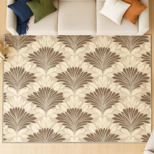 Festival RUGS for Family Party, Christmas Decorations, Gift - Low Pile Rug Non Slip Retro Fan Shape Feather Cream Carpet, Extra Soft Machine washable Floor Mat Khaki 180 x 270 cm
