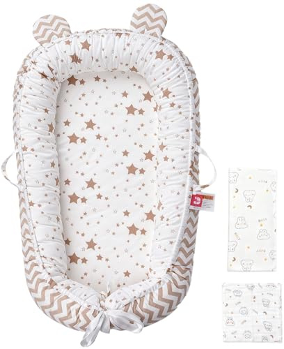 Huracan Babynest Set für Neugeborene, Baby Nestchen Mit 85×85 cm Decke & 5 Musselin-Tüchern, 100% Baumwolle atmungsaktiv, Doppelseitig, Abnehmbar, Sicher & Bequem für 0–12 Monate, zuhause & unterwegs