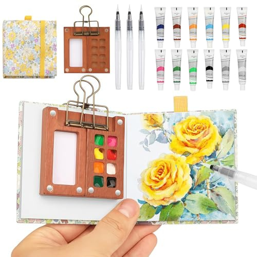 Yamobi Mini Aquarell Set,Pocket Aquarell Set,Mini Aquarell Travel Set mit Aquarellpapier Journal,Stiftel, Clip,8 Grids für Maler, Künstler(Gelb)