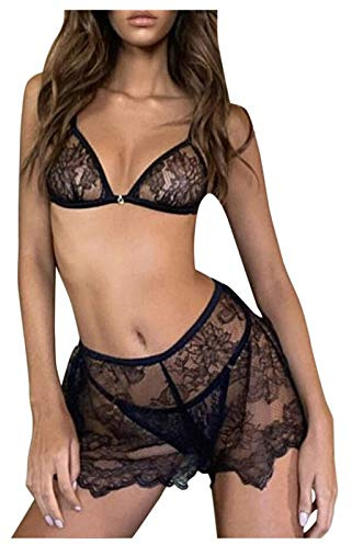 Lingerie Ouverte-Pyjama séduisant en Lingerie dentelée à Fleurs Transparent pour Femmes Nuisette élégante de Nuit et Soutien-Gorge Romantique (Black, L)