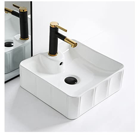 Lavandino e rubinetto da bagno, 38 x 38 cm, bianco sopra il lavabo con rubinetto nero opaco, elegante piccolo lavandino per vanità moderna, ideale per spazi compatti