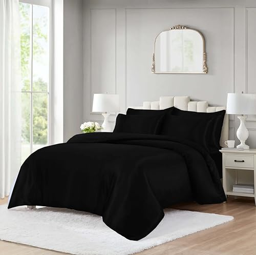 ROOEE 10 Piece Satin Silk Complete Bedding Set – Luxury Satin Duvet Cover, Silky Fitted Sheet with Matching Pillowcases, Sleep Mask, Hair Accessories & Storage Pouch (Black, Double)