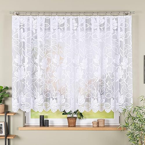 Gardinen Vorhangen Weiß Jacquard 300x150 cm (BxH) Gardine Bardolino für Wohnzimmer, Moderne Fertiggardine mit Kräuselband, Lichtdurchlässige mit Floralem Muster, Pflegeleicht und Bügelfrei