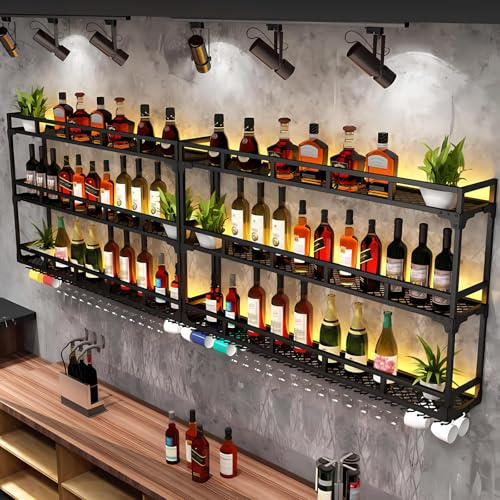 SPTZQURY Wall Mounted Wine Rack, 3 Tier Large Metal Industrial Liquor Bottles Shelf with Glass Holder For Kitchen Bar Dining Room Decoration (Black, 100cm)