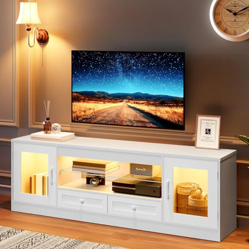 Concho 148 cm Weiß TV-Schrank für 55/60/65-Zoll-Fernseher mit Schubladen, Leuchten, Fernsehtisch, Gaming-Entertainment-Center, Lowboard mit verstellbarem Glasregal, Stand für Wohnzimmer, Schlafzimmer