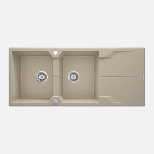 Nexo - Fregadero de cocina de granito con 2 senos y escurridor, 116 x 50 cm, arena