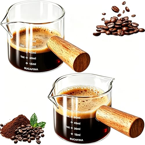 2 Stück Glas Espressokännchen, 75ml V-förmig mit Holzgriff, Einmund & Zweimund Espresso Messbecher, präzise Doppelskala, ideal für Espresso, Milchschaum und Barista Zuhause