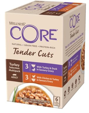 Wellness CORE Tender Cuts 6 x 85g, Multipack Poulet/Dinde/Canard – Tendre Morceaux pour Chats Adultes, sans Céréales, Naturelles, Hypoallergénique, Riche en protéines, À Haute Teneur en Viande,