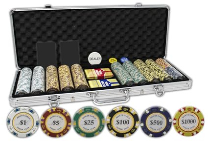 DA VINCI Monte Carlo Poker Club Set med 500 pokermarker i 3 toner och en vikt på 14 gram, aluminiumfodral, 2 däck spelkort i plast, 2 klippkort, dealerknapp, blindknapp