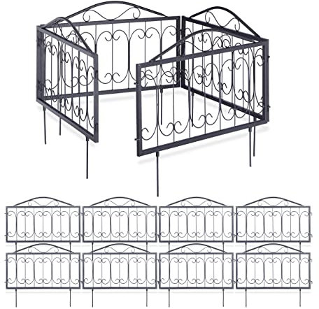 Relaxdays 12 x Beetzaun Metall, Beeteinfassung zum Stecken, Vintage Zaunelemente mit Ornamenten HxB 34,5 x 56,5 cm, schwarz