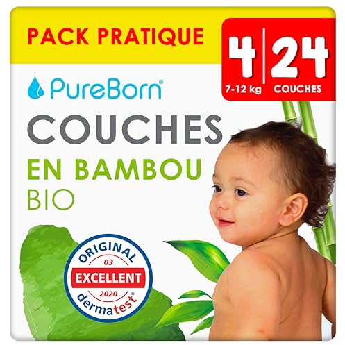 PureBorn Ekologiska Blöjor av Bambu, Storlek 4 (7-12 kg), 24 stycken, Allergivänliga, Ultramjuk, Våtindikator, Olika Tryck