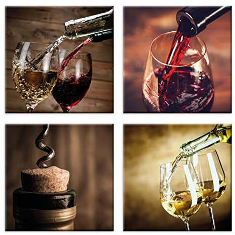 LuxHomeDecor Quadri Vino Cucina 4 Pezzi 30x30 cm Stampa su Tela con Telaio in Legno Arredamento Arte Arredo Moderno
