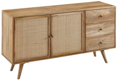 FineBuy Sideboard 140x40x75 cm Mango Massivholz mit Wiener Geflecht