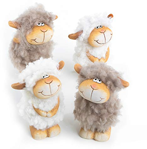 Kleine Deko-Schäfchen, 4 Stück: Schaf-Figuren zum Hinstellen, Osterdeko Schafe, Geschenk Ostern & Frühling, Osterschmuck Tisch & Fensterbank, Osterdekoration Klein, Frühlingsdeko Keramik & Filz, 11 cm