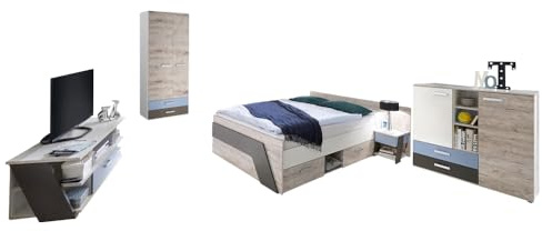 Lomadox Jugendzimmer Kinderzimmer Komplett Set, Sandeiche mit weiß Lava blau, 140 x 200 cm Jugendbett, Kleiderschrank, Nachttisch, Kommode, TV Lowboard