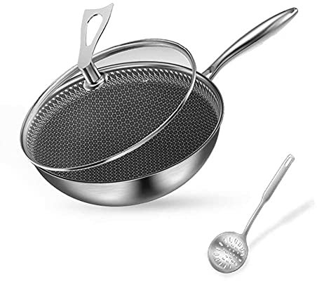 ZXFDMSWJ Wok Pan Wok Antiadherente, Sartén Antiadherente Wok Antiadherente de Acero Inoxidable, Adecuada para Cocina de inducción, Estufa de Gas, Cocinar sin Humo aceitoso Wok Pan Antiadherente de in
