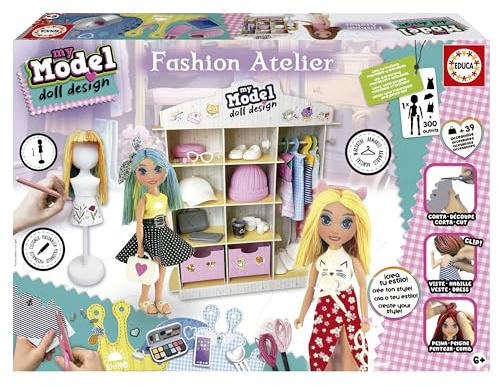 Educa - My Model Doll Design Fashion Atelier | CREA más de 300 increíbles Looks Distintos. Muñeca articulada, péinala, Corta la Tela y vístela. Incluye maniquí y Armario (19350)