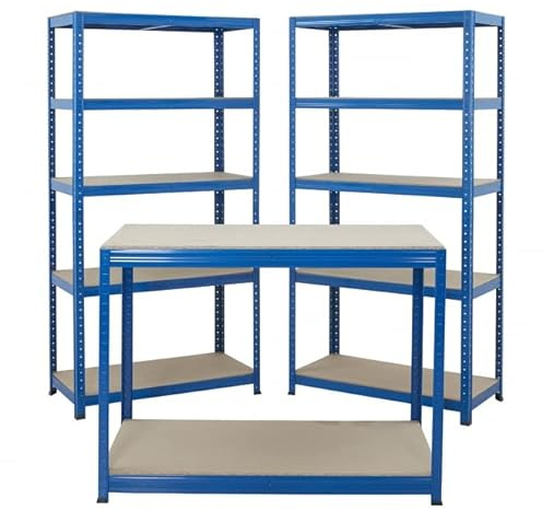 BIGDUG Workshop Shelving & Workbench Storage - x2 Garage Shelves 178cm x 90cm x 45cm - 265kg Load Per Level – 1325kg Per Bay - Workbench: 90cm x 120cm x 60cm - 300kg Load Per Level - Blue