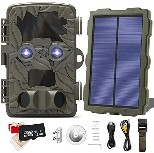 BraveKing Dual-Objektiv Wildkamera 4K HD 20MP 1080P Jagdkamera Nachtsicht 115 Fuß 0,2 s Bewegungsmelder 120° Weitwinkel IP66 Wasserdicht Jagd Überwachungskamera mit Solarpanel und 32G Speicherkarte