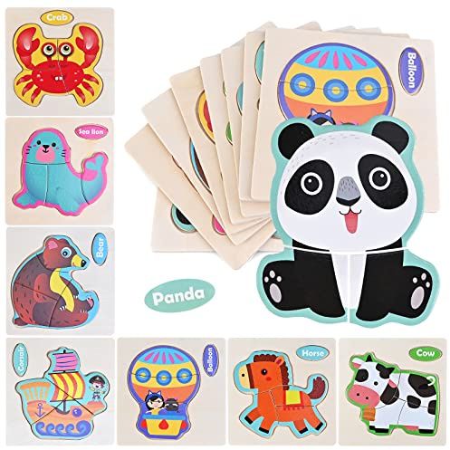 Faburo 8pcs Puzzles Niños 1~3 Años de Madera Juguetes Bebes, Rompecabezas Animales para Invitados Bebe, Juegos Niño Montessoris como Regalo Cumpleaños Niños Colegio Detalle Cumpleaños Infantil
