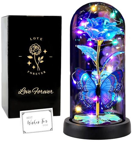 FAYODO Die Schöne und das Biest Ewige Rose,Galaxy Rose Geschenk für Freundin (Schmetterling Blau)