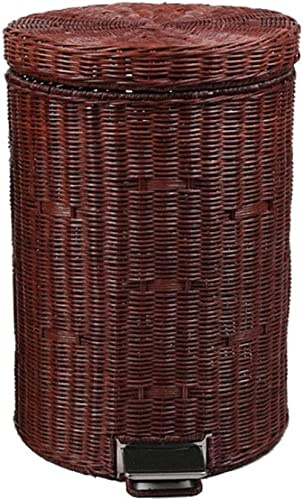 AMITVA Nordic Creative Natural Rattan Trash Can Slow Down Silent Pedal Garbage Bin with Lid Fashion Country Style Wastebasket-8L||Brown
