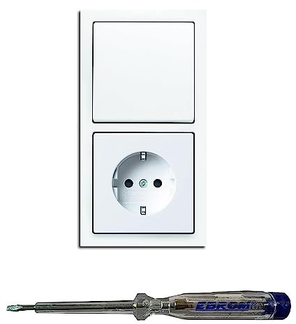 Busch Jäger Lichtschalter Wechselschalter AN/AUS 2000/6 US und Steckdose 20EUC-84 im 2-fach Rahmen in Future Linear Studioweiß glänzend inkl. EBROM Phasenprüfer zur Montage der Geräte