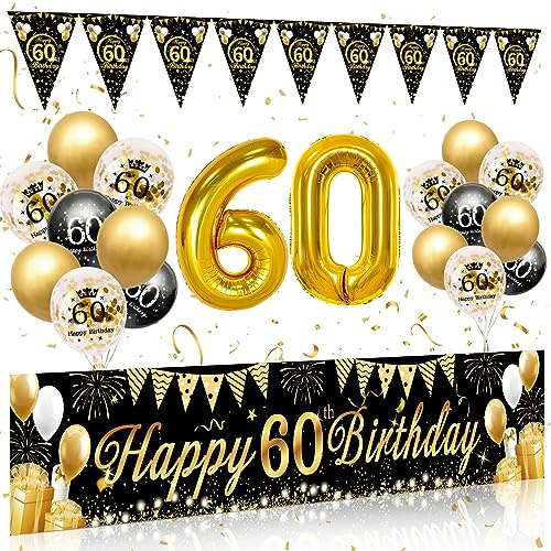 60 Geburtstag Deko Mann & Frau, Schwarz Gold Luftballon 60. Geburtstag | Happy Birthday Banner, Girlande Wimpel, Deko 60. Geburtstags Hintergrund Ballons komplette Party Deko für Geburtstagsdeko 60