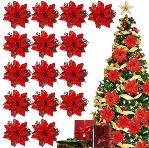 FaJoek Weihnachtsstern Künstlich Rot, 15pcs Weihnachtsstern Blume, Weihnachten Baum Blumen, Glitter Weihnachtsblumen Dekoration, Christbaumschmuck Glitter Poinsettia, für Weihnachtsbaum Hochzeits