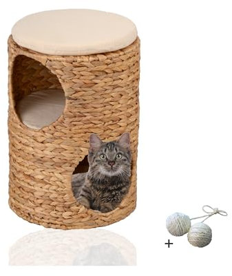 Rohrschneider Kratztonne für kleine Katzen mit 2 Etagen, kuschelige Katzenhöhle, Sitzkissen | Kratzbaum Wasserhyazinthe | Katzenbaum & Kratzhöhle Katzen | Katzenkörbchen geflochten | Rückzugsort