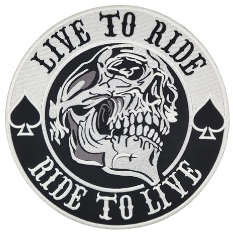 Großer LIVE TO RIDE Rückenpatch – 22,6 x 22,6 cm – Gestickter Aufnäher für Biker, XXL Rückenaufnäher, Schädel Totenkopf Patch Pik Backpatch Motorradjacken Kutten Lederwesten – Hochwertige Stickerei