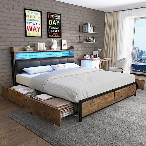 Merax Metallbett Bettgestell 160 x 200 cm mit 4 Schubladen, LED Doppelbett mit Metall Lattenrost & Kopfteil für Schlafzimmer, Industrielles Bett für Erwachsene & Jugend, Grau (Ohne Matratze)