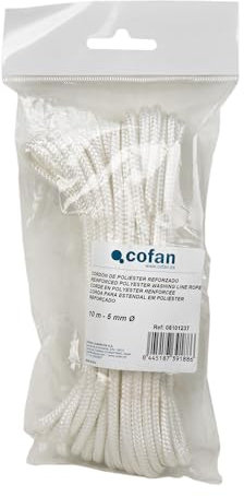 Cofan Cordón Reforzado para tendederos de Pared | Cuerda tendedero Fabricada en poliéster | Madeja de 5 mm x 10 Metros | Color: Blanco