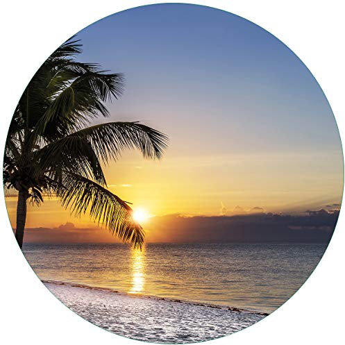 Wallario Glasbild rund Palme am Strand - Sonnenuntergang über dem Meer - Rund, 50 cm Durchmesser Wandbild Glas in Premium-Qualität: Brillante Farben, freischwebende Optik