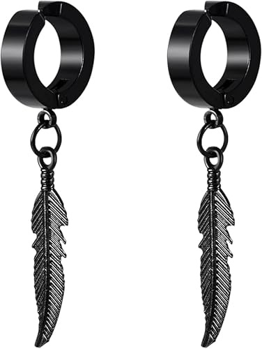 Flongo Boucles d'Oreilles Acier Inoxydable: Boucles d'oreilles sans Trou Homme Femme Unisexe Longue Plume Clips d'Oreille non Percés Viking Gothique - Cadeau Anniversaire St Valentin