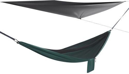 Camping-Hängematte,Outdoor Hängematte Camping,PU beschichtet,mit Plane,Eingebaute Tasche,Hängemattenzelt 200kg Traglast,für Trekking,Reise,Wandern, (L*B) 2.9 * 1.4m,Schwarz Schwärzlich grün