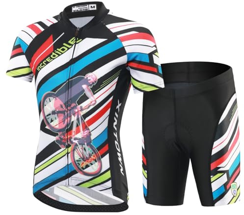Amur Leopard Kinder Radtrikot Set Jungen Mädchen Fahrrad Trikot Kurzarm & Kurz Radhose mit 3D Sitzpolster Atmungsaktiv Radsport Bekleidung, Streifen-Set, 152-158(Etikettengröße: XXXL)
