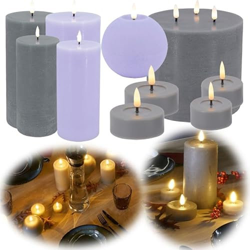 LS-LebenStil Real Flame 3D Stumpenkerze Ribe Rustic Grau 15x7,5cm Echtwachs flackernde Kerzen Akku Batterie