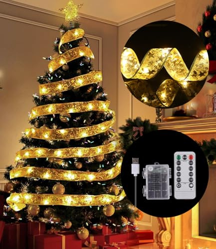 Xaosin Cinta Luminosa de Navidad 10M 100 LED Luces de Hadas Árbol de Navidad Alimentación por USB y Pilas Cinta Árbol Luces de Navidad Decoración para Árboles de Interior para Fiestas Navideños