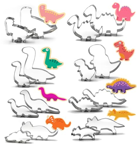 16 Stück Dinosaurier Ausstecher, 2 Größen Plätzchen Ausstecher Edelstahl | Keksausstecher mit 8 Formen, Ausstechformen Kinder DIY Fondant für Kinder Geburtstag Dino Party Dekoration