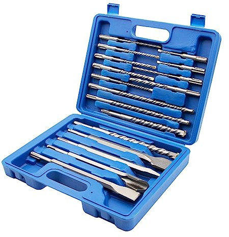 QZHDX 17-teiliges SDS-Plus-Bohrhammer- und Meißelset, Beton-Mauerwerk-Lochwerkzeug mit Aufbewahrungskoffer, Hartmetallspitze für Ziegel, Stein und Beton.