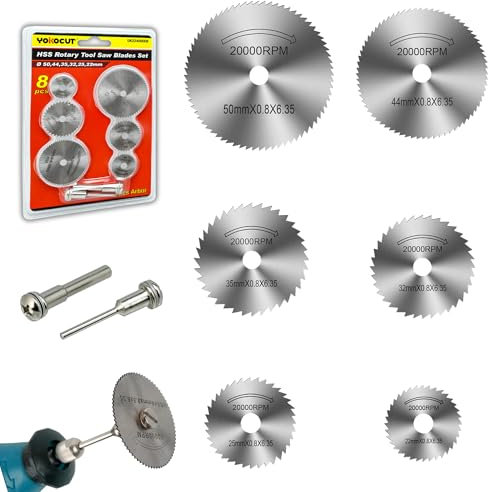 Rotary Drill Saw Blades for Dremel Rotary Tool, Dremel Accessories Cutting Wood Metal Plastic Aluminum, 8Pcs Set Including 6pcs HSS Cutting Discs with 1/8 and 1/4 Round Shank Mandrels