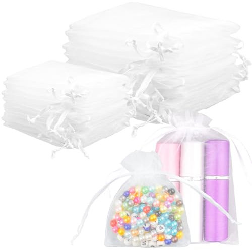 benlidoner 200 Stück Organzasäckchen, 7x9cm OrganzaBeutel mit Kordelzug, 10x15cm Geschenkbeutel, Weiß Schmucksäckchen als Hochzeit Bonbonsbeutel Lavendelsäckchen