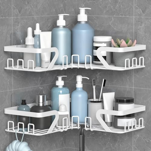 KEGII Shower Caddy Corner with Soap Holder, Shower Storage No Drill, White | Stainless Steel, No Drilling, Adhesive Corner Shower Shelf, Bathroom Organizer for Bathroom