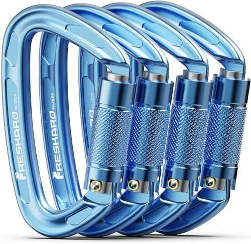 FresKaro 4inches Climbing Carabiner Clips, UIAA Certified 25kN Auto Locking Carabiners, Made of 7075 Aluminium, Lightweight, Rust Free and Heavy Duty, for Rappelling, Hiking etc, Blue 4 Pack