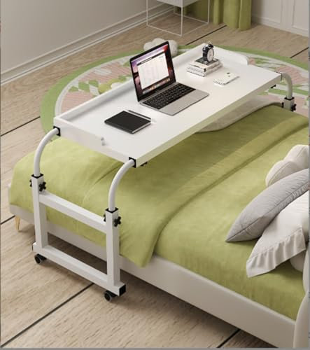 XONJEMU Overbed Table,Mobiler Schreibtisch,Pflegetisch,Laptoptisch,Bettbeistelltisch Über-Betttisch Auf Rollen Höhenverstellbar/breitenverstellbar Rolltisch Krankenhauspflegetisch(Color:White)