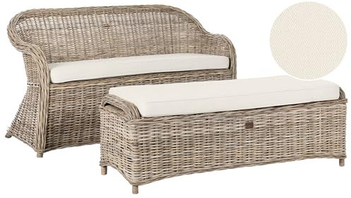 Beliani Gartenbank 150 cm mit Ottomane Rattan naturfarben Auflagen beige Boho Susua