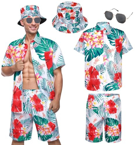 Moerstar Camicia Hawaiana Uomo, Camicia Fiori Hawaiana Set con Pantaloncini Cappello Occhiali Camicie Hawaiane Casual Camice Uomo Estive per Travestimenti, Feste Spiaggia (Stile 3, XL)