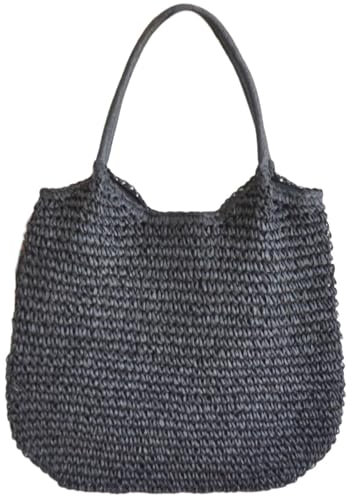 Ldabrye Bolsos de mano para mujer, de paja trenzada, gran capacidad, bolso de hombro tejido de moda de color sólido para la playa, Black, 61*46cm