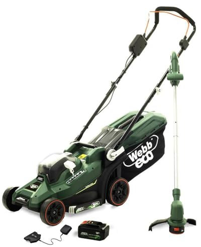 Webb Eco WEV20LM33LT25B4 20V 33cm (14″) Cordless Rotary Lawnmower and 25cm Line Trimmer (Twin Pack) 4Ah Battery & Charger included